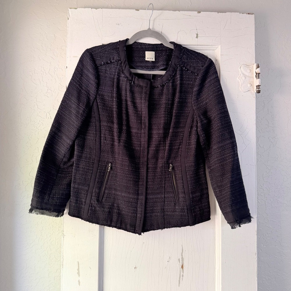 Ecru Cotton Tweed Jacket Navy Blue Zip Front Fringe Trim Size M 2225-U